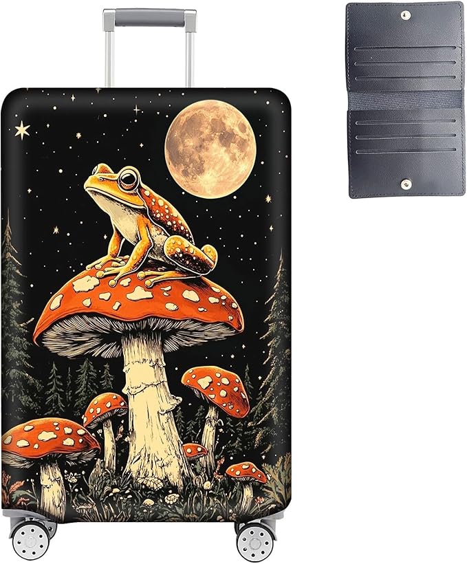 Luggage Cover Protector for 26-28 Inch Suitcases, TSA Approved Elastic Travel Suitcase Covers, Anti-Scratch Washable Luggage Sleeve for Carry On & Checked Bags, Frog Mushroom