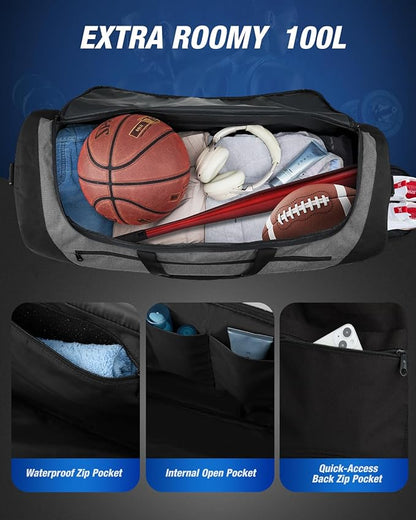 Gonex Gym Duffel Bag with Shoe Compartment Wet Pocket, Large Capacity Sports Duffle Bag for Men Women, Workout & Travel Bag with Multiple Pockets, Black/Gray, Large (100L)
