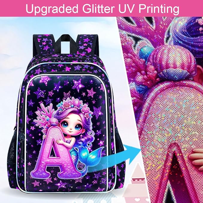 WZLVO 3PCS Mermaid Backpack Set, 16" Glittery UV Printing Girls Bookbag/School Bag with Lunch Box & Pencil Bag for Preschool to Elementary - Mermaid Holding Letter A