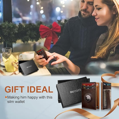 Airtag Wallet for Men- with Money Clip Gift Boxed, Magnetic Closure Slim Genuine Leather Front Pocket Wallet, 4.1"x 2.8", RFID Blocking