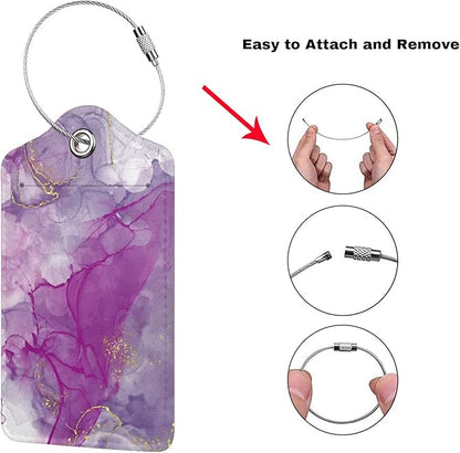2 Pack Abstract Purple Luggage Tag for Suitcases Women, Art Painting Violet and Gold Marble PU Leather Airport Travel Bag Tags for Cruise Ships, Baggage Name Tags with with Full Back Privacy Cover