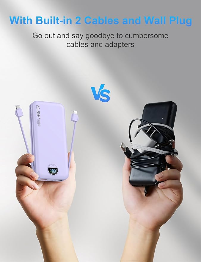 Portable Charger with Wall Plug, 12000mAh USB C Power Bank Fast Charging, External Battery Pack with Built in Cables, Digital Display, 5 Output 4 Input for iPhone Android Cell Phone Tablet