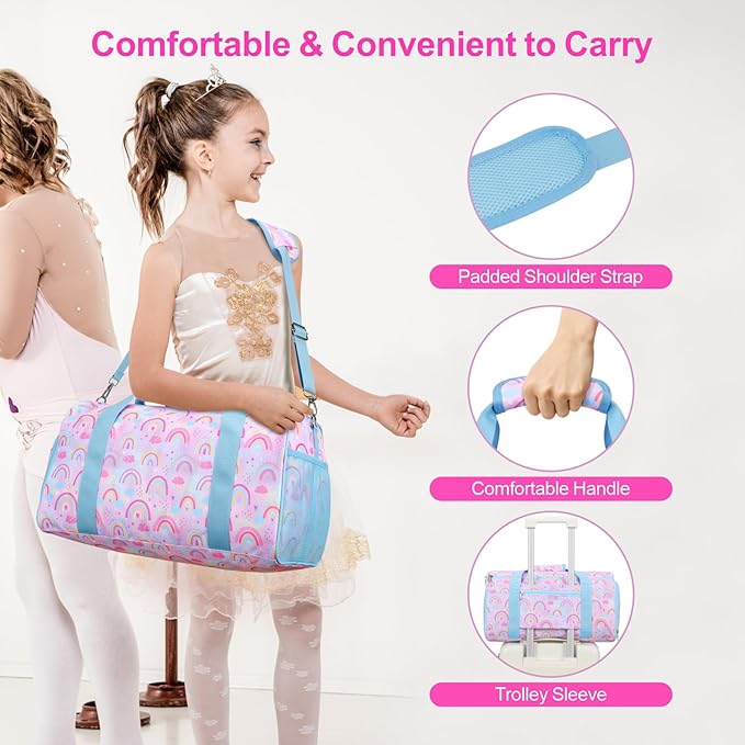 Bagseri Duffel Bags for Kids - Girls Dance Ballet Bag, Waterproof Sports Gymnastics Bag for Travel Overnight with Shoe Compartment and Dry Wet Separation Pockets (Light Purple Blue Rainbow)