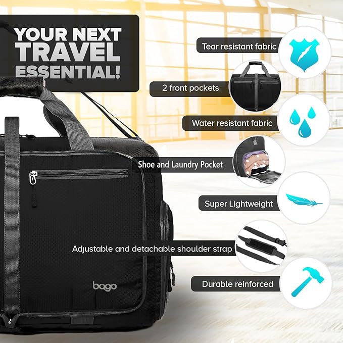 Bago Foldable Duffel Bags for Traveling Women & Men - 60L Medium Packable Duffle Bag for Travel with Shoe Compartment - Water Repellant, Heavy Duty, Lightweight Folding & Collapsible (All Black)