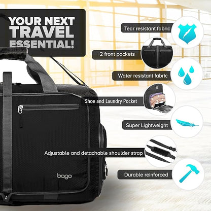 Bago Foldable Duffel Bags for Traveling Women & Men - 60L Medium Packable Duffle Bag for Travel with Shoe Compartment - Water Repellant, Heavy Duty, Lightweight Folding & Collapsible (All Black)