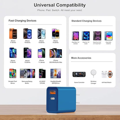 USB C Wall Charger, 3Pcs 20W PD + QC3.0 USBC Charger Block Super Fast Power Output Rapid Charging Box Wall Plug Cube for iPhone 16/17, Samsung Galaxy S24, Motorola, LG, Google Pixel 6Pro(Sea Blue)