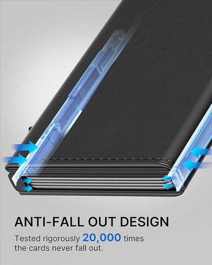 typecase Mens Wallet Card Holder: Pop Up Aluminum Case, Genuine Leather, Smart, RFID Blocking, Slim, Minimalist, Front Pocket - 9-14 Card Capacity | ID Window | Cash Slot (Deep Black)