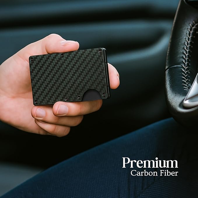Carbon Fiber Wallet for Men Slim RFID Blocking Minimalist Card Holder with Money Clip, Scratch-Resistant Ultra-Light Metal Wallet, Compact Design, Gift Box Included