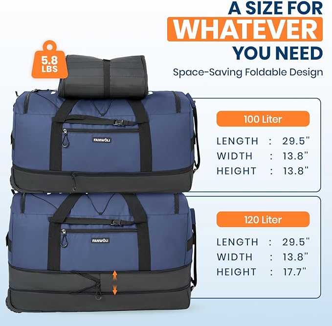 Fanwoli 30'' Large Rolling Duffle Bag with 2 Wheels - No-Sag Design for Heavy Loads, Expandable 100L-120L Duffel Wheeled Luggage with Soft Handle & Lock, Waterproof Foldable for Travel, Camping,Moving