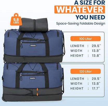 Fanwoli 30'' Large Rolling Duffle Bag with 2 Wheels - No-Sag Design for Heavy Loads, Expandable 100L-120L Duffel Wheeled Luggage with Soft Handle & Lock, Waterproof Foldable for Travel, Camping,Moving