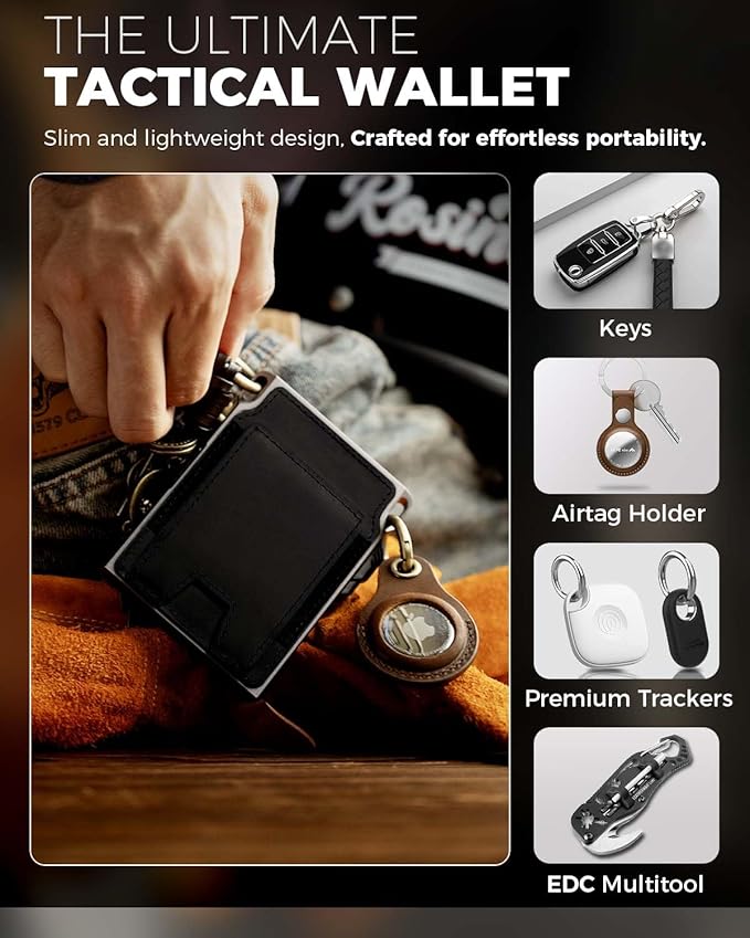 LORZOR Slim Wallet for Men- Minimalist Tactical Full Grain Leather Wallet for 12 Cards, RFID Blocking Aluminum Cardholder, Smart Pop Up Card Case, Front Pocket, Money Clip, Gift for Men(VintageBlack)