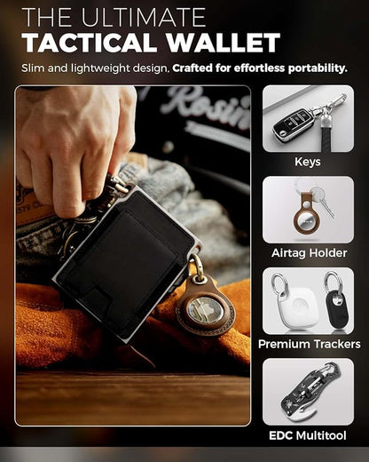 LORZOR Slim Wallet for Men- Minimalist Tactical Full Grain Leather Wallet for 12 Cards, RFID Blocking Aluminum Cardholder, Smart Pop Up Card Case, Front Pocket, Money Clip, Gift for Men(VintageBlack)