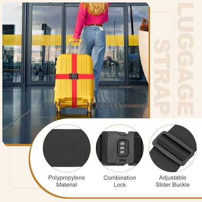 MECCANIXITY Luggage Straps with Combination Lock Adjustable Suitcase Belt Strap for Suitcase Briefcase Backpack Travel, Black, Pack of 4