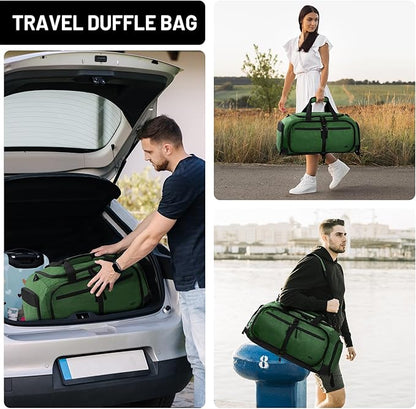 MIER Foldable Duffle Bag with Shoe Compartment 50L Travel Duffel Bags for Men Women Packable Overnight Bag for Camping Gym Weekender, Dark Green