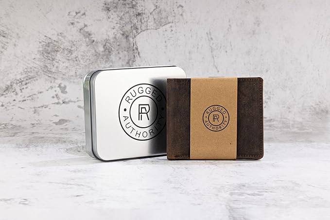 Brown Mens Leather Bifold Wallet with RFID Blocking Theft Protection, 5 card wallet slots & ID Window. Slim minimalist, distressed leather wallets for men.