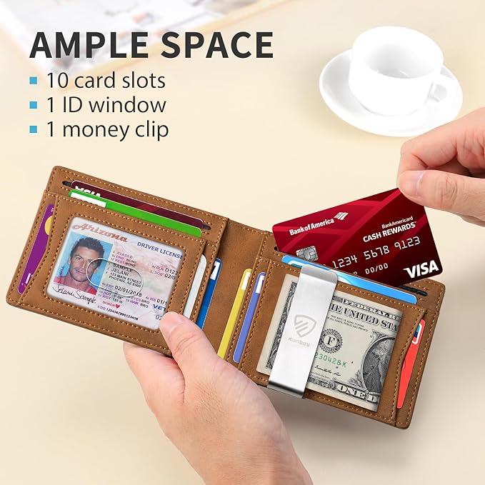 RUNBOX Mens Slim Wallet with Money Clip RFID Blocking Bifold Credit Card Holder for Men with Gift Box