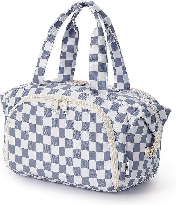 Narwey Travel Toiletry Bag, Wide-open Large Toiletry Bags for Traveling Women, Checkered Travel Bag for Toiletries Cosmetic Makeup Bag Organizer, Skincare Make Up Bag (Greyish Blue Checkerboard)