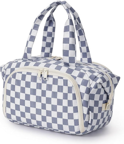 Narwey Travel Toiletry Bag, Wide-open Large Toiletry Bags for Traveling Women, Checkered Travel Bag for Toiletries Cosmetic Makeup Bag Organizer, Skincare Make Up Bag (Greyish Blue Checkerboard)