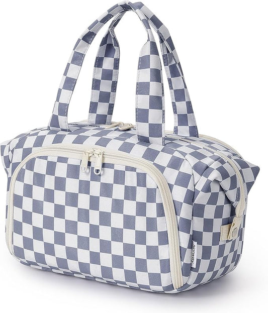 Narwey Travel Toiletry Bag, Wide-open Large Toiletry Bags for Traveling Women, Checkered Travel Bag for Toiletries Cosmetic Makeup Bag Organizer, Skincare Make Up Bag (Greyish Blue Checkerboard)