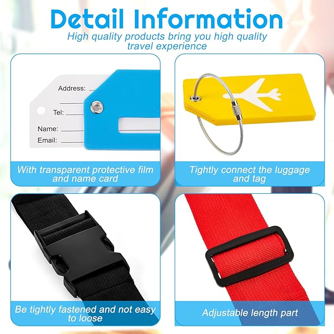 Weewooday 8 Pcs Luggage Straps Suitcase Tags Set for TSA Approved, 4 Travel Adjustable Suitcase Belt, 4 Silicone Luggage Tags with Name ID Card Travel Accessories(Red, Blue, Black, Yellow,Airplane)