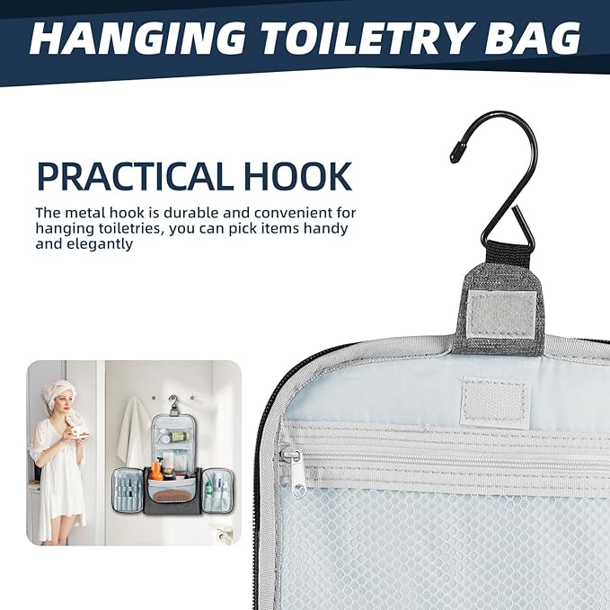Buruis Large Toiletry Bag for Women and Men, Hanging Travel Bag for Makeup, Cosmetics, Shaving, Toiletries, Water-Resistant Dopp Kit for Gym, Camping, or Daily Use, Oxford Gray