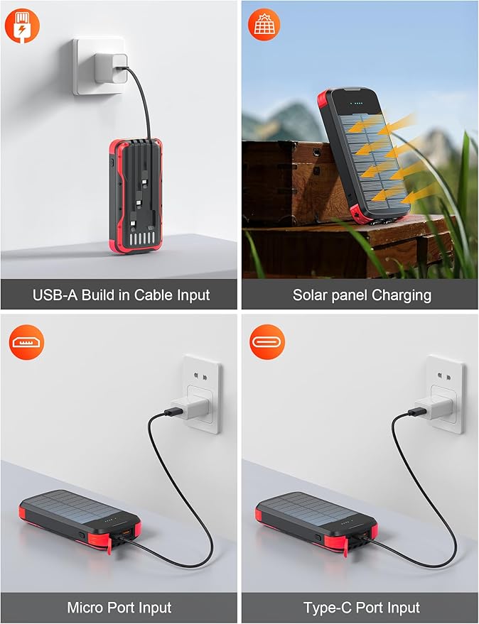 Solar Charger Power Bank, PD 20W Fast Charging External Batter, 40000mAh Portable Phone Charger Built in 4 Cables with Dual Bright Flashlights for Camping, Hiking, and Outdoor Use（RED）