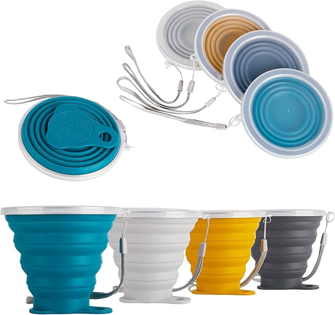 IYYI Collapsible Cup for Traveling, Silicone Foldable Cup, Camping Mug with Lid, Folding Mug for Camping, Hiking, Outdoors, Travel (4Pack-Pink-Green-Milk Tea-Beige)