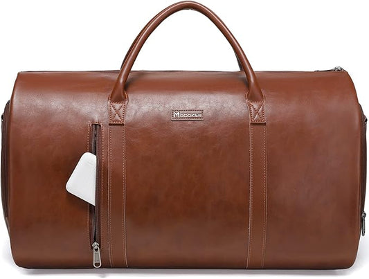 Leather Garment Bag for Travel, Modoker Carry On Travel Bag with Shoulder Strap - Ideal for Business Trips and Weekend Getaways - The Garment Duffel Bag for Traveling Men Women, Light Brown
