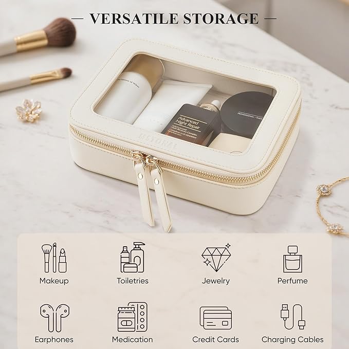 Clear Makeup Bag, Travel Toiletry Bag Cosmetic Case for Women, Waterproof Portable Make Up Skincare Pouch with Zipper, Compact Car Organizer Bag for Essentials, Mini & Medium, Beige