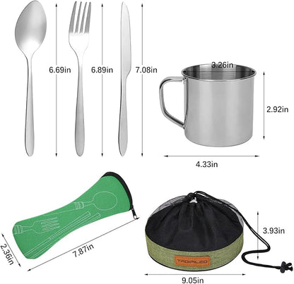 Stainless Steel Camping Cutlery Set - 8 Piece, Includes Spoons, Mugs, Bowls, Plates, Rags & Organizer Straps - Easy to Carry for Backpacking, Camping, Hiking and Picnics