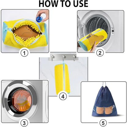 2Pcs Shoe Washing Machine Bag, Durable Laundry Shoe Bag for Washing Machine, Fluffy Fibers 360° Cleaning, Includes Liquid Shoe Brush & Travel Dust Bag, Ideal for Sneakers & Gym Shoes (yellow)