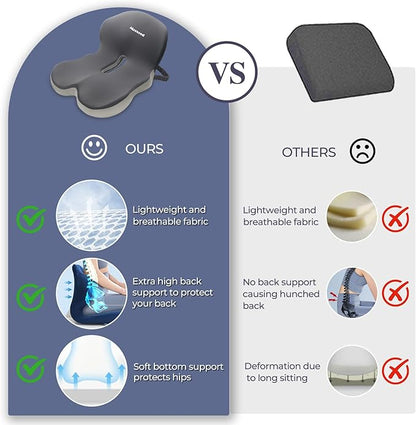 Memory Foam Seat Cushion for Sciatica & Back Pain Relief - Ergonomic Chair Pad with Adjustable Strap & Supportive Comfort Cover, Non-Slip for Car, Truck, Office Chair - Dark Gray&Light Gray