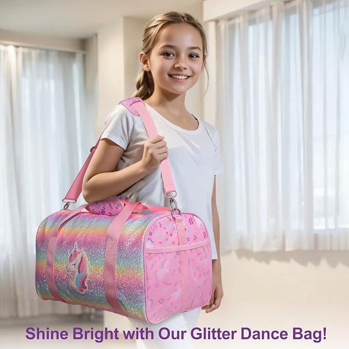 Bagseri Dance Bag for Girls - Ballet Tote with Shoes Compartment, Kids Duffle Bag for Overnight Travel with Dry Wet Separation Pockets（Glitter Unicorn, Pink）