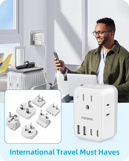 International Power Adapter Set, US to EU/UK/AUS/Japan Universal Travel Adapter- 4 AC Outlets 4 USB Ports (2 USB C), Worldwide Travel Plug Adapter Kit Include Type F/G/I/C/B/A Detachable Charger Plug