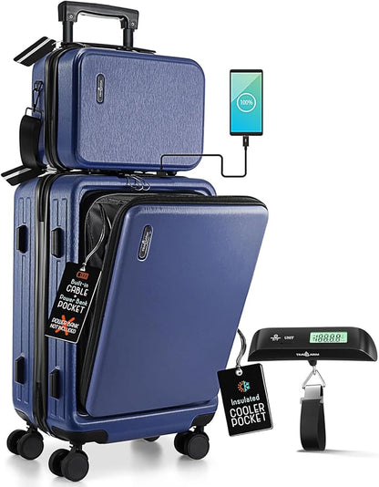 TRAVELARIM 22 Inch Carry On Luggage 22x14x9 Airline Approved, Small Carry On Suitcase, Hard-shell Carry-on Luggage with Wheels, Durable Navy Luggage Carry-On with Cosmetic Case and Luggage Scale