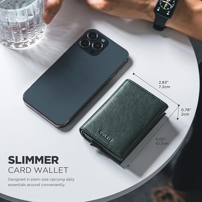VULKIT Pop up Card Wallet Minimalist Cash Wallets RFID Blocking Leather Smart Credit Card Holder with ID window for Men(Green)