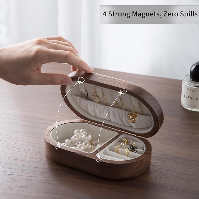 Solid Walnut Wood Jewelry Box for Women & Men - Vintage Travel Organizer with Portable Mini Case, Earring Storage, chinoiserie Handcrafted Gift (Walnut, Round)