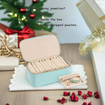 Vlando Travel Jewelry Box Organizer - 12 Small Velvet Zipped Pouches Pockets for Jewelries Necklaces Rings Earrings Sorting Storage, Aqua Blue