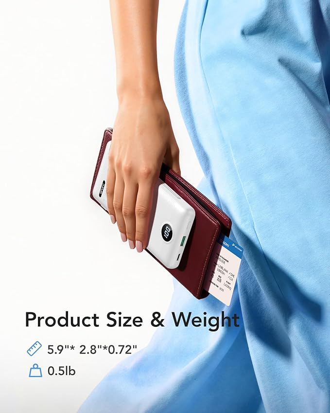 VRURC Portable Charger with Wall Plug, 10000mAh Slim Portable Charger Built in Cables,PD 20W Fast Charging Power Bank with Cords,USB C Portable Phone Charger Travel Accessories -White(1 Pack)