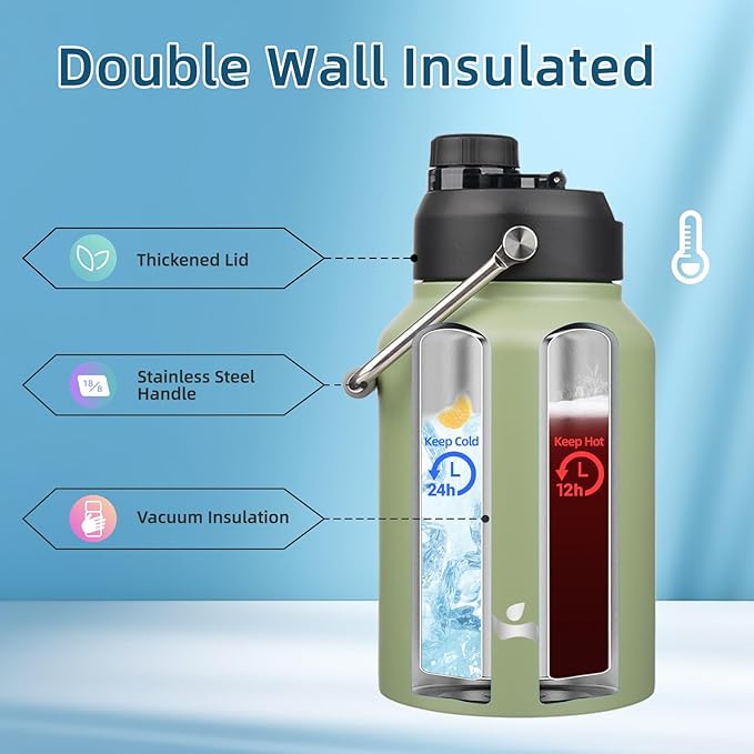 Half Gallon Jug with Handle,64 oz Insulated Water Bottle with Carrying Pouch,Double Wall Vacuum Stainless Steel Metal Bottle,Camp Green