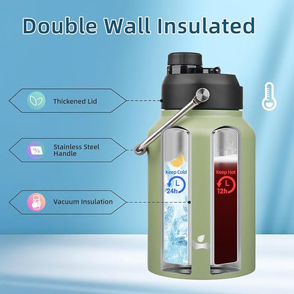 Half Gallon Jug with Handle,64 oz Insulated Water Bottle with Carrying Pouch,Double Wall Vacuum Stainless Steel Metal Bottle,Camp Green