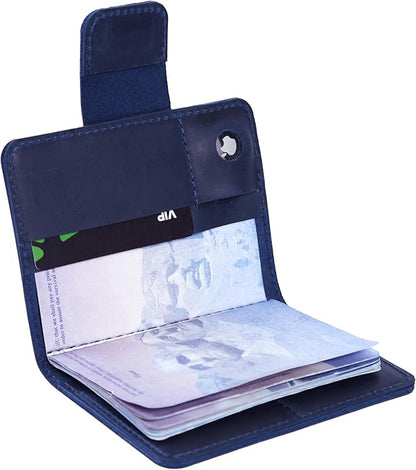Blue Leather Passport Holder with AirTag Slot - Travel Passport Wallet Compatible with Airtag Passports Case with Card Slots & Note Compartment, Magnetic Closure, Genuine Leather, Vintage Blue