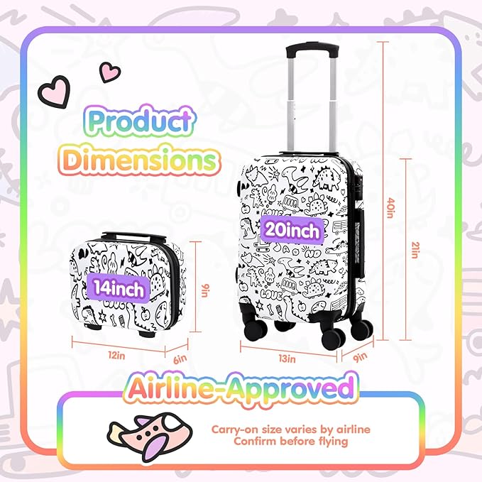 smilesun 2PCS Kids Luggage Set with DIY Coloring, 14" & 20" Lightweight Travel Carry On Suitcase with Spinner Wheels, TSA Lock