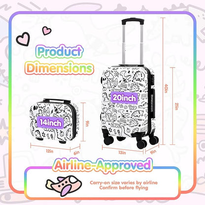 smilesun 2PCS Kids Luggage Set with DIY Coloring, 14" & 20" Lightweight Travel Carry On Suitcase with Spinner Wheels, TSA Lock
