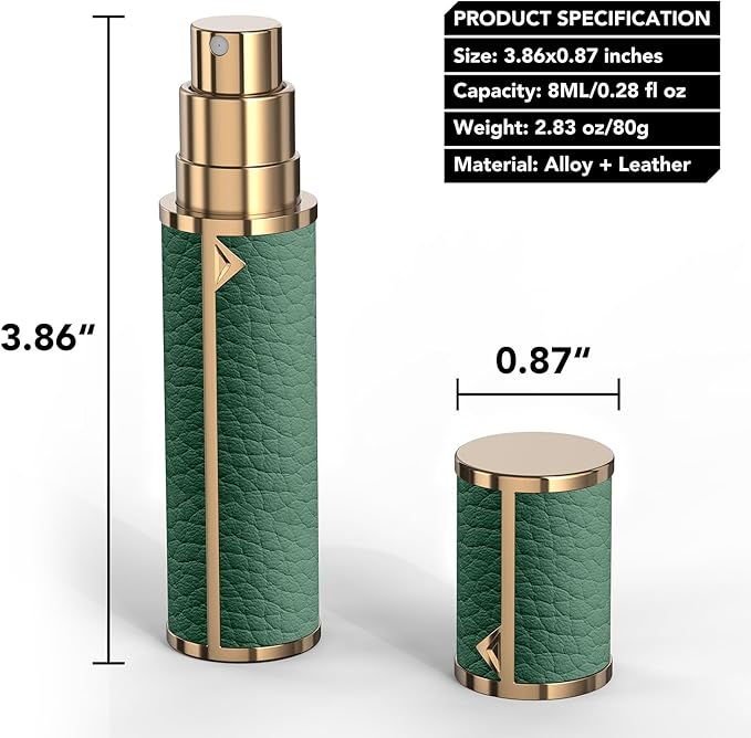 8ML Travel Perfume Refillable Atomizer, Mini Genuine Leather Cologne Sprayer, Protable Pocket Size Empty Fragrance Spray Bottle (Green)
