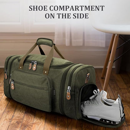 Gonex Canvas Duffle Bag 60L Travel Duffel Overnight Weekend Bag with Shoe Compartment (Army Green)