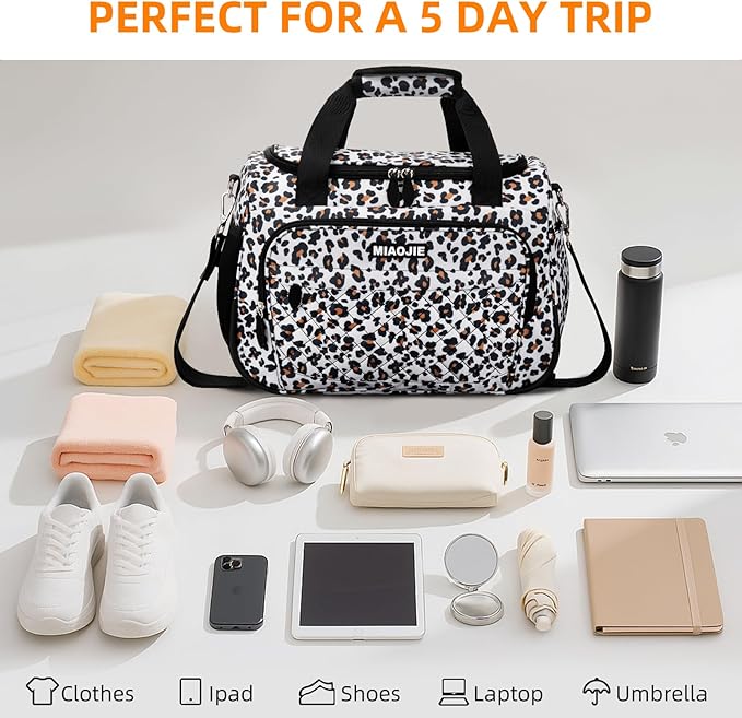 Travel Duffle Bag for Women, Underseat Carry On luggage Bag Foldable Overnight Weekender Hospital Bag Lightweight Airplanes Personal Item Travel Tote Bag for Women Birthday Gifts, 16IN Leopard Print