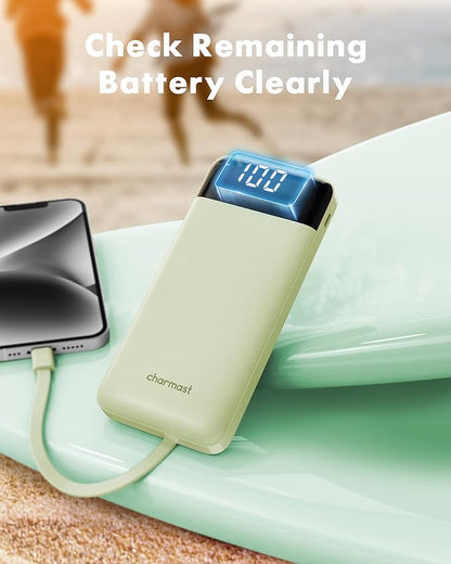 Charmast Portable Charger with Built in Cables, Power Bank with Cords Wires, Slim 10000mAh Travel Battery Pack 6 Outputs 3 Inputs 3A Fast Charging for Samsung Google Pixel LG Moto iPhone iPad