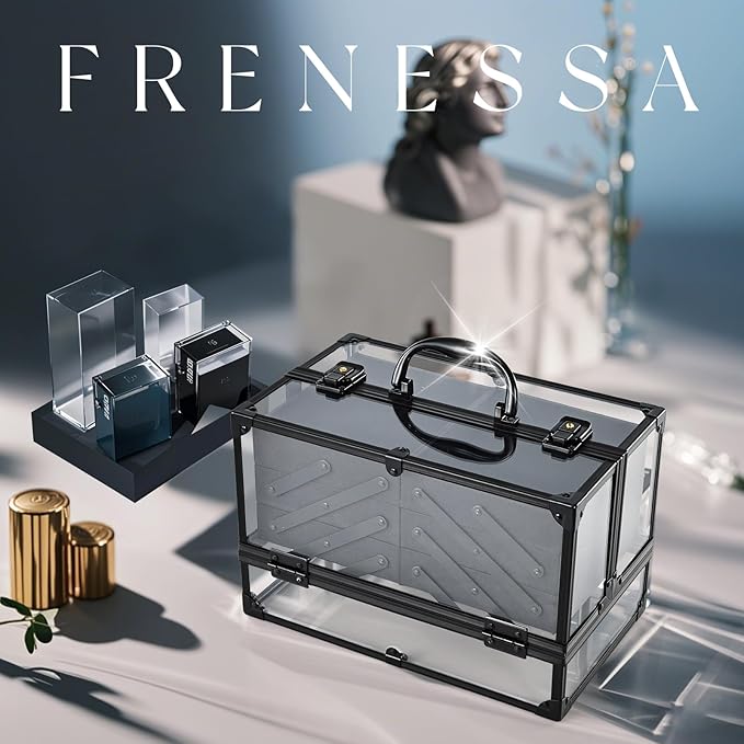 FRENESSA Portable Makeup Case Cosmetics Display Cases Toiletry Organizer Box Transparent Acrylic Artists Train Case with 6 Trays Travel Makeup Tools Storage for Vanity Counter Dresser Organizer Black