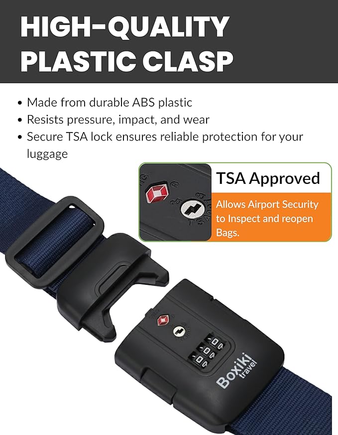 TSA Approved Luggage Straps – Set of 2 Anti-Burst Adjustable Polyester Suitcase Belts with 3-Dial Combination Lock – Prevents Accidental Opening, Secure Travel (Navy)